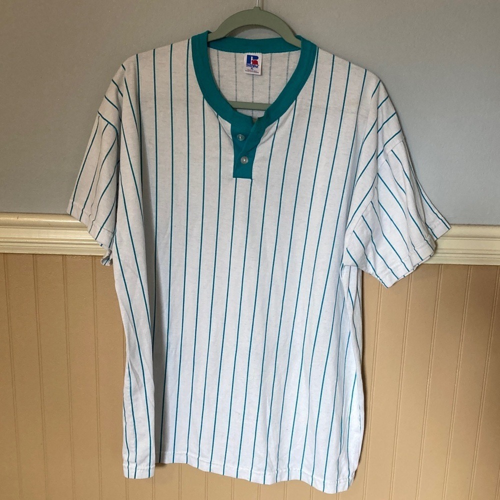 Vintage Russell Athletic Pinstripe Henley Shirt XL White Teal Made in USA 90s